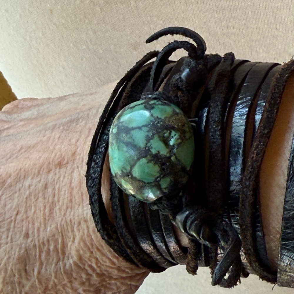 Black Leather Bracelet with Turquoise Stone